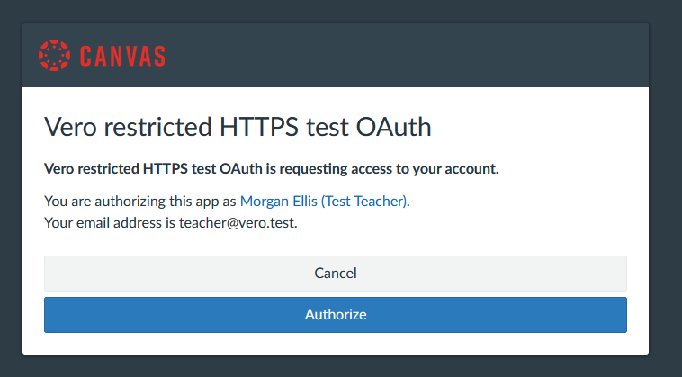 Canvas authorization with the teacher identity and Authorize button