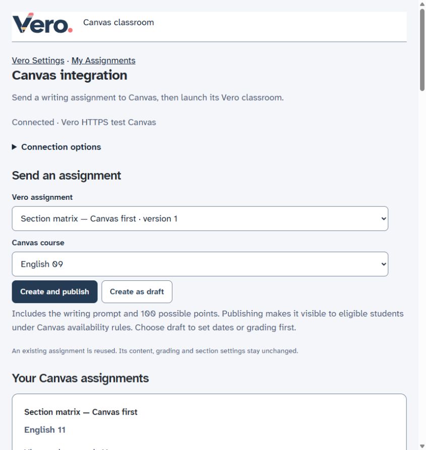 Vero assignment and Canvas course selectors above Create and publish