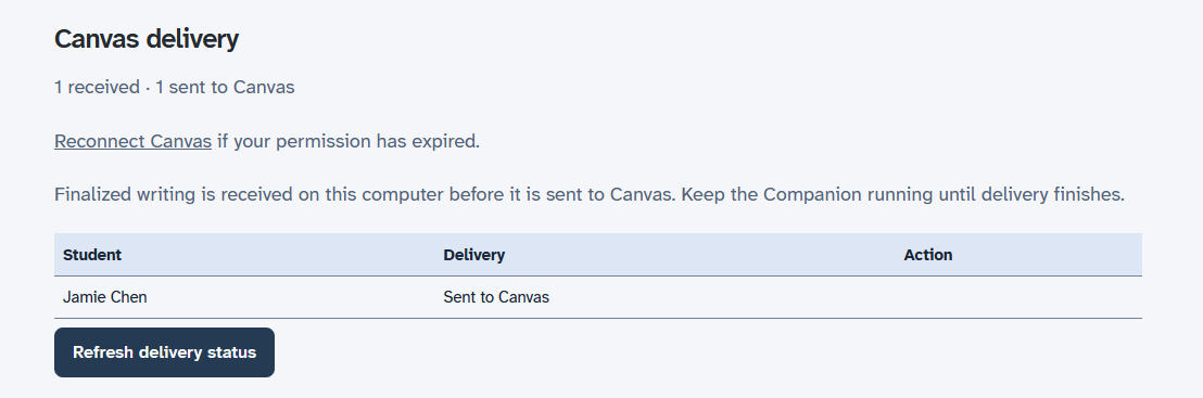 Canvas delivery showing one received and one sent submission