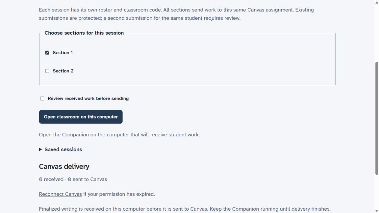 Canvas-connected Vero classroom before opening, with section choices, review checkbox and Open classroom button