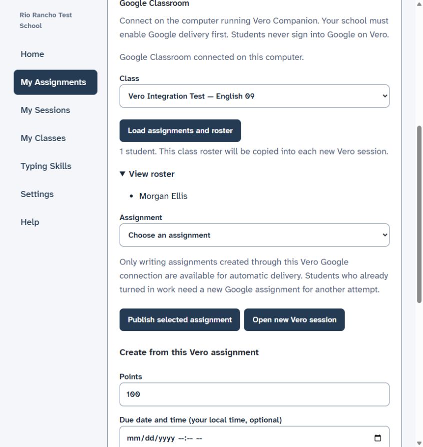 Choose the class, load assignments and roster, then check View roster before opening a session.